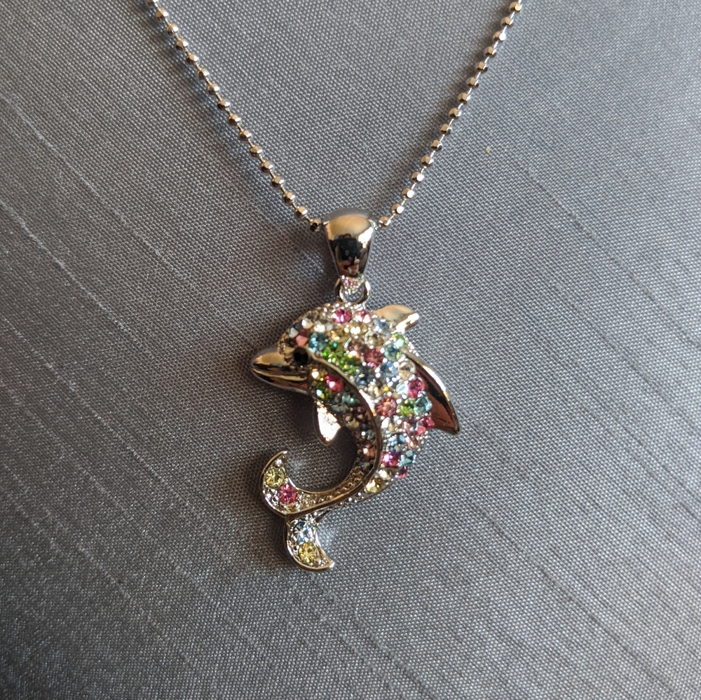 Rainbow Crystals Pave Dolphin Charm Necklace